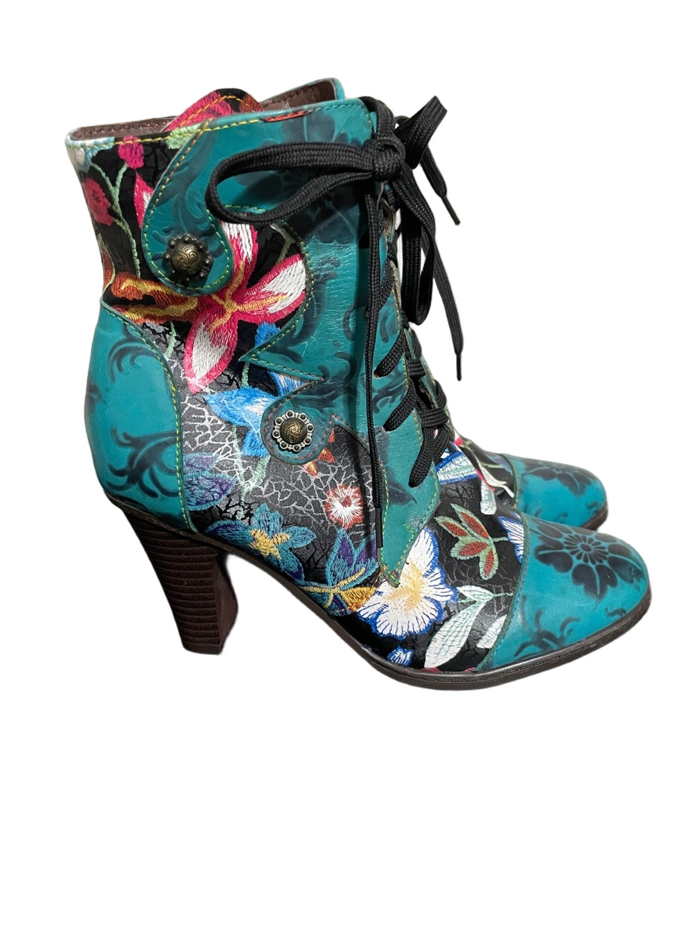 Socofy Floral Teal Lace-Up Ankle Boots Size 39